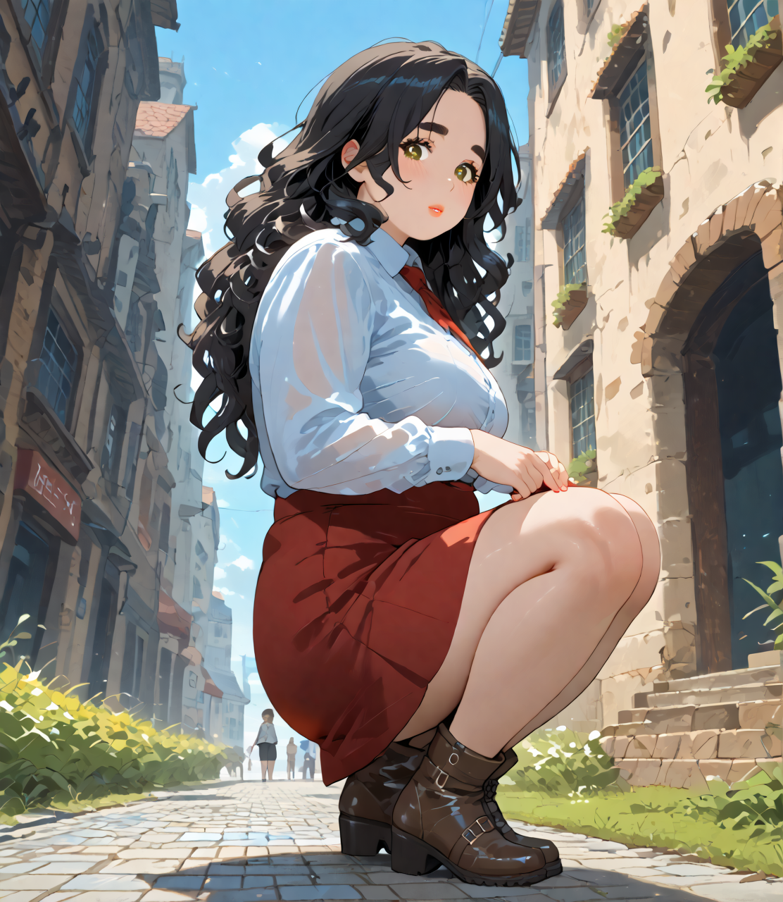 PonyScores7, source_anime, ah1, IllustriousQual, <lora:natsumi_style:0.5>, <lora:by_usakun-pony:0.4>, by usakun, <lora:Akina_Bbw_Style_-_PonyXL:0.2>, AkinBw,
BREAK ((from below), (from side), medium distance from viewer, focus on feet),
BREAK 1girl, mature female, (round face), (thick eyebrows), (curvy), round-chin, caucasian, (plump face), <lora:Round_face:0.2>, <lora:ETO_OC_Illustrius:0.5>, eto_oc, skindentation, (plump), thick thighs, wide hips, busty, voluptuous, lips, <lora:venus body PonyXL:0.3>, <lora:shinyskin2:0.2>, glistening skin,
BREAK  (curly hair), long hair, (black hair), (parted hair), messy hair, kinky curls, <lora:hairdetailpxl:0.2>, hairdetailpxl,
BREAK (half green and brown eyes), (colorful eyes), (multicolored eyes), (downturned eyes:1.4), <lora:expressive eyes:0.2>, expressive eyes, <lora:eyedetailpxl:0.2>, eyedetailpxl, <lora:Eyes_High_Definition:0.2>, EyesHD,
BREAK ((Sarcasm)), <lora:Expressive_H:0.2>, Expressiveh, <lora:Emotional_Anime_Expressions_PonyXL_Concept:0.2>, emotional, <lora:Best_Facial_Expression_LoRA_PONY:0.2>, looking at viewer, <lora:Detailed expressive EXEV style -XL Pony V1.0:0.2>, FaceDetail,
BREAK ((Accidentally calling a teacher or boss mom)),
BREAK deep tuscan red vibrant yellow satin skirt with a fitted white top and ankle boots,
BREAK (((cobblestone streets lined with historic buildings, wrought iron lampposts casting a soft glow, and the distant sound of horse-drawn carriages))),
BREAK <lora:xl_more_art-full_v1:0.2>, <lora:aesthetic_anime_v1s:0.2>, <lora:EpicF4nta5yXL:0.2>, <lora:detailxl:0.2>, detailxl, <lora:Fant5yP0ny:0.2>, best quality, amazing quality, best aesthetic, absurdres, illustration, Volumetric_Lighting, ultra-detailed, very aesthetic, intricate details, 8k, masterpiece, best_quality
BREAK Stable_Yogis_PDXL_Positives, AS-Adult, <lora:Complicated fantasy portrait - XL Pony V2.0:0.2>, bad-hands-5, <lora:HDA_Detailer:0.3>, HDA_FatGirlXL,