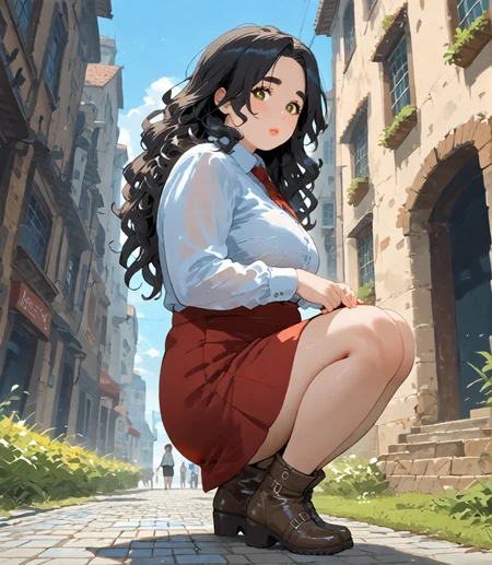 PonyScores7, source_anime, ah1, IllustriousQual, <lora:natsumi_style:0.5>, <lora:by_usakun-pony:0.4>, by usakun, <lora:Akina_Bbw_Style_-_PonyXL:0.2>, AkinBw,
BREAK ((from below), (from side), medium distance from viewer, focus on feet),
BREAK 1girl, mature female, (round face), (thick eyebrows), (curvy), round-chin, caucasian, (plump face), <lora:Round_face:0.2>, <lora:ETO_OC_Illustrius:0.5>, eto_oc, skindentation, (plump), thick thighs, wide hips, busty, voluptuous, lips, <lora:venus body PonyXL:0.3>, <lora:shinyskin2:0.2>, glistening skin,
BREAK  (curly hair), long hair, (black hair), (parted hair), messy hair, kinky curls, <lora:hairdetailpxl:0.2>, hairdetailpxl,
BREAK (half green and brown eyes), (colorful eyes), (multicolored eyes), (downturned eyes:1.4), <lora:expressive eyes:0.2>, expressive eyes, <lora:eyedetailpxl:0.2>, eyedetailpxl, <lora:Eyes_High_Definition:0.2>, EyesHD,
BREAK ((Sarcasm)), <lora:Expressive_H:0.2>, Expressiveh, <lora:Emotional_Anime_Expressions_PonyXL_Concept:0.2>, emotional, <lora:Best_Facial_Expression_LoRA_PONY:0.2>, looking at viewer, <lora:Detailed expressive EXEV style -XL Pony V1.0:0.2>, FaceDetail,
BREAK ((Accidentally calling a teacher or boss mom)),
BREAK deep tuscan red vibrant yellow satin skirt with a fitted white top and ankle boots,
BREAK (((cobblestone streets lined with historic buildings, wrought iron lampposts casting a soft glow, and the distant sound of horse-drawn carriages))),
BREAK <lora:xl_more_art-full_v1:0.2>, <lora:aesthetic_anime_v1s:0.2>, <lora:EpicF4nta5yXL:0.2>, <lora:detailxl:0.2>, detailxl, <lora:Fant5yP0ny:0.2>, best quality, amazing quality, best aesthetic, absurdres, illustration, Volumetric_Lighting, ultra-detailed, very aesthetic, intricate details, 8k, masterpiece, best_quality
BREAK Stable_Yogis_PDXL_Positives, AS-Adult, <lora:Complicated fantasy portrait - XL Pony V2.0:0.2>, bad-hands-5, <lora:HDA_Detailer:0.3>, HDA_FatGirlXL,