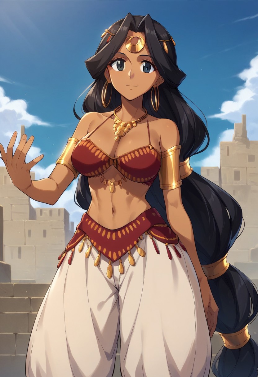 score_9, score_8_up, score_7_up, 1girl, black hair, long hair, black eyes, dark-skinned female, hoop earrings, jewelry, necklace, armlet, bare shoulders, neckline, red bikini, white baggy pants, bare feet, large breasts, blue sky,  looking at viewer, smile, solo, full body