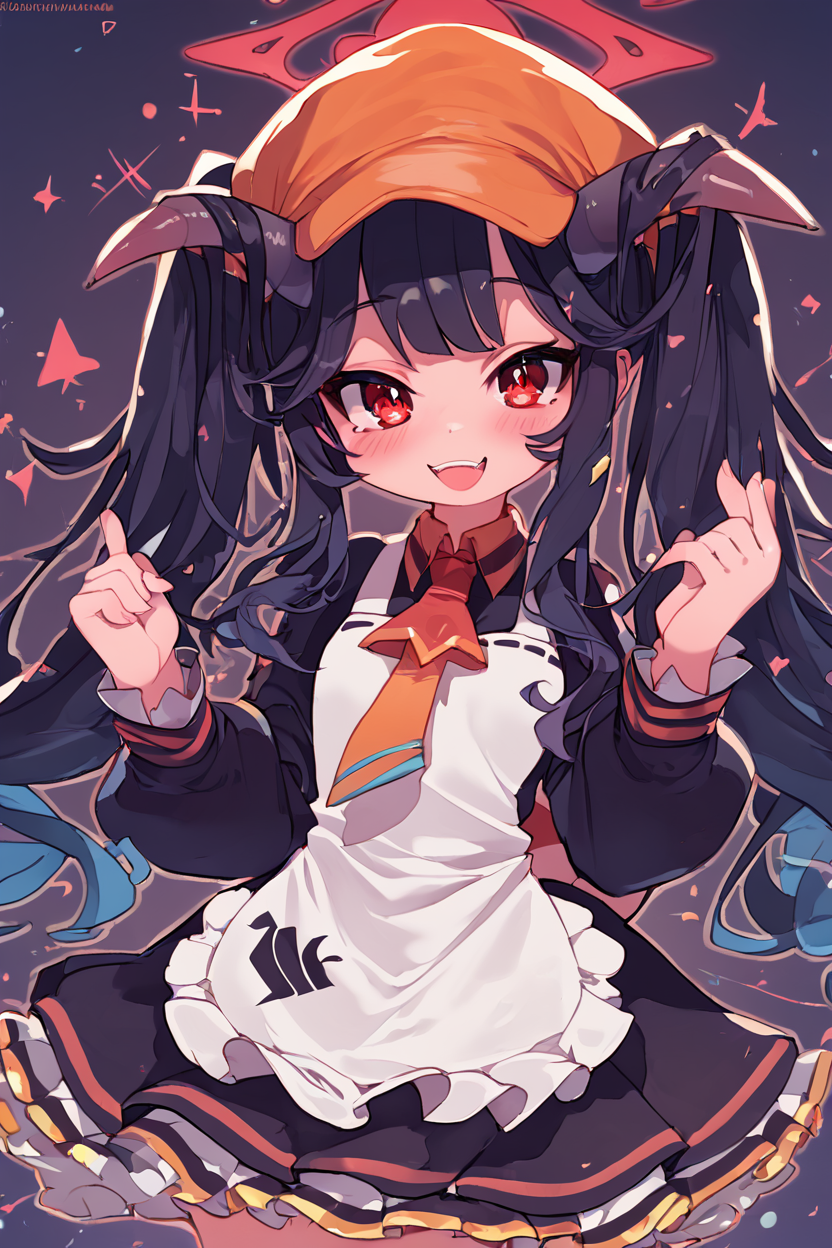score_9, score_8_up, score_8, medium breasts, (curvy), cute, eyelashes,       BREAK, , ,,, zzFuuka, red eyes, black hair, long hair, horns, halo, demon horns, twintails black dress, white apron, frilled apron,  orange headwear, school uniform, necktie,  <lora:Fuuka_BlueArchive_PDXL:0.8>,   ,,,, BREAK, smile, looking at viewer, cowboy shot, ,,, embedding:zPDXL, Expressiveh, ,,, <lora:Zankuro_Style_PDXL:0.8> <lora:SDXLFaeTastic2400:0.5>, <lora:Expressive_H-000001:0.4>,