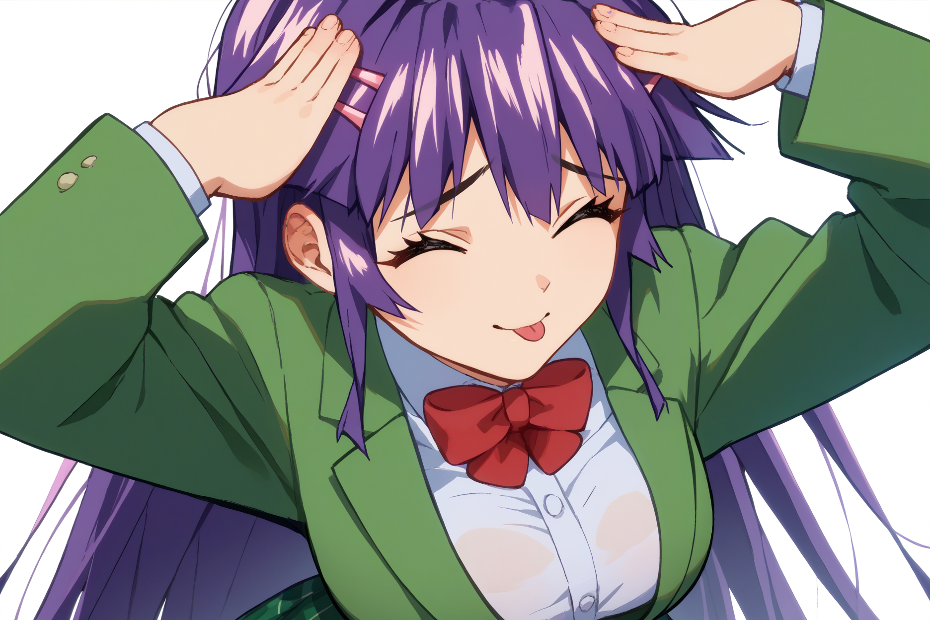 score_9, score_8_up, score_7_up, score_6_up, source_anime, 1girl, solo, <lora:shiinachizuru-pdxl-nvwls-v1-000005:1> schzru, purple hair, long hair, purple eyes, hairclip, large breasts, anime coloring, green blazer, red bow, bowtie, green skirt, plaid skirt  <lora:AhEtoBlehMeme_pdxl_Incrs_v1:1> AhEtoBlehMeme, closed eyes, tongue out, :p, hands on own head, smile, white background, simple background