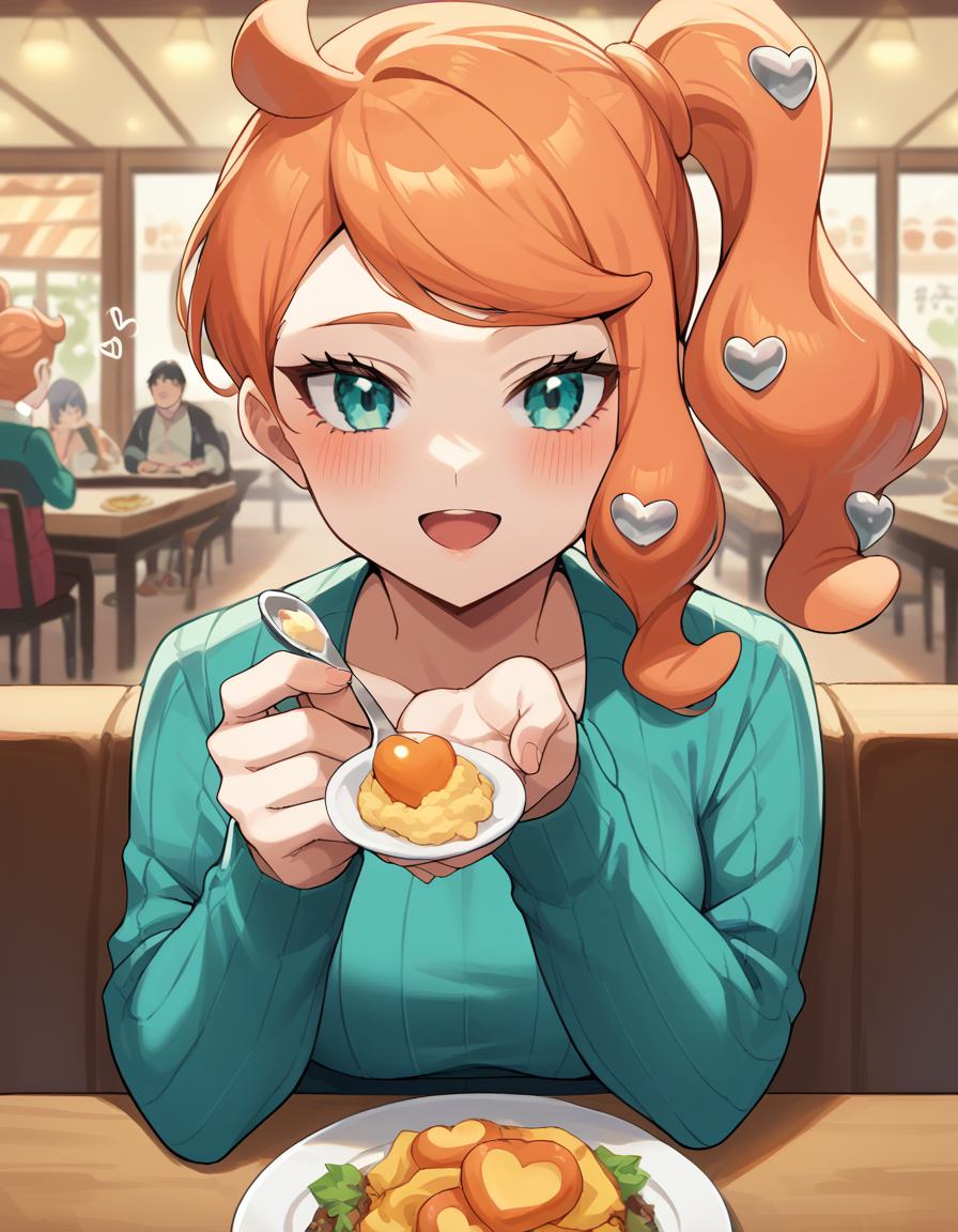 score_9, score_8_up, score_7_up, source_anime, <lora:pokemon-sonia-ponyxl-lora-nochekaiser:1> pokemonsonia, aqua eyes, heart, heart hair ornament, long hair, long sleeves, orange hair, side ponytail, swept bangs, medium breasts, <lora:incoming-spoon-ponyxl-lora-nochekaiser:1> incoming food, spoon, holding, holding spoon, food, looking at viewer, open mouth, blush, smile, restaurant, plate, hand up,, ,