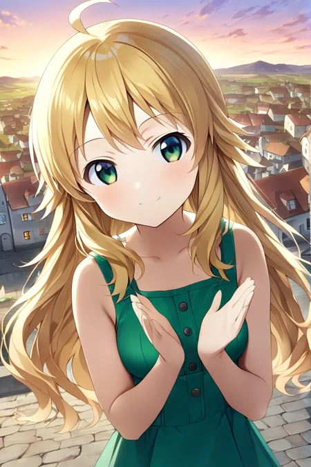 hoshii_miki, 1girl, solo,petite,long hair, blonde hair, green eyes,ahoge,medium breasts,close up,standing,looking at viewer,flowerhands, Make flower shape with both hands, open palms,incoming,upperbody,smile,cloud,sunset,town,wind<lora:Hoshii_Miki:0.7> <lora:better skin typeB-v1:0.7> <lora:XDetail_light:1>masterpiece,best quality,source anime
 <lora:negativeXL_D:1> <lora:_sdxl-flowerhands:0.7>