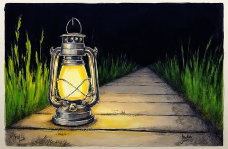 Sharp image of a rough sketch, rendered in vibrant multi colour ballpoint pen, capturing the adorable features of an old-fashioned lantern on a wooden pathway in a garden at night. The lantern is made of metal and has a handle on top and a spout on the side. The light from the lantern is turned on, casting a warm glow on the surrounding greenery. The background is dark, making the lantern stand out even more. The pathway is lined with tall grasses, creating a peaceful and serene atmosphere. The overall mood of the image is peaceful and contemplative.  p3nsk, <lora:p3nsk:1>