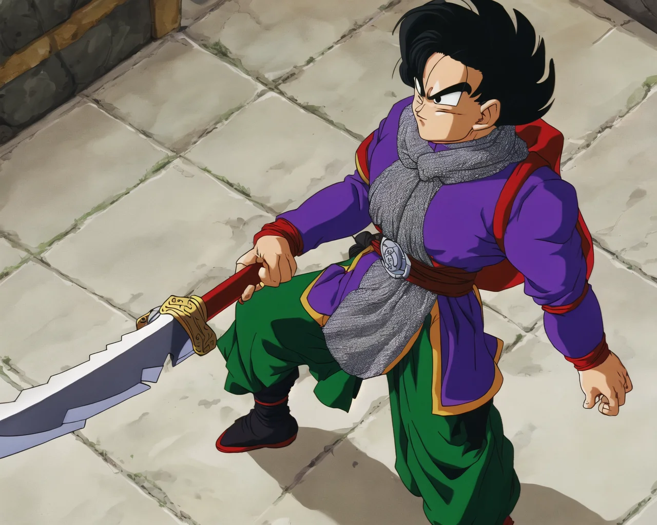 akiratoriyama art style, 1guy, a guy flying in the air holding a sword by the handle, chainmail, solo, black hair, make up,