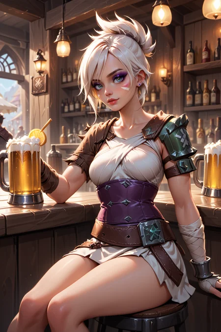score_9, score_8_up, score_7_up, masterpiece, high quality, BREAK
<lora:RivenNormalPonyLoRA:1>rvn, short hair, ponytail, facial mark, eyeshadow, top, criss-cross halter, single pauldron, single glove, bandaged arm, corset, belt, skirt, sitting in a bar, holding a beer