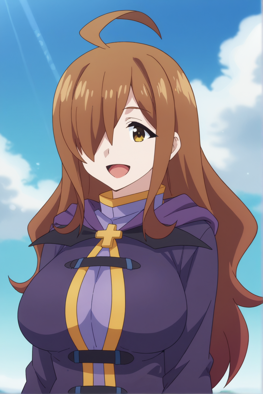 <lora:Tifa_LockhartV2:0.8>, 1girl, solo, long hair, breasts, looking at viewer, smile, open mouth, long sleeves, upper body, ahoge, sky, day, cloud, hair over one eye, blue sky, cross, robe