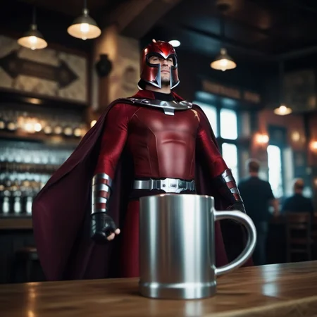cinematic photo a man with a helmet and a cape, (((a metal mug flying in the air))), in a pub <lora:Magneto1024:0.8> . 35mm photograph, film, bokeh, professional, 4k, highly detailed