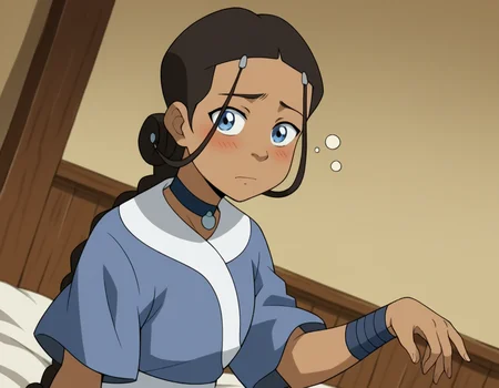 score_9, score_8_up, score_7_up, source_anime, <lora:katara-book2-ponyxl-lora-nochekaiser:1>, katara, long hair, blue eyes, brown hair, black hair, hair ornament, hairclip, braid, single braid, braided ponytail, dark skin, dark-skinned female, choker, short sleeves, robe, blue robe, sash,, indoors, bed, bed room, on side, blush, drunk, looking at viewer, solo, cowboy shot, dutch angle