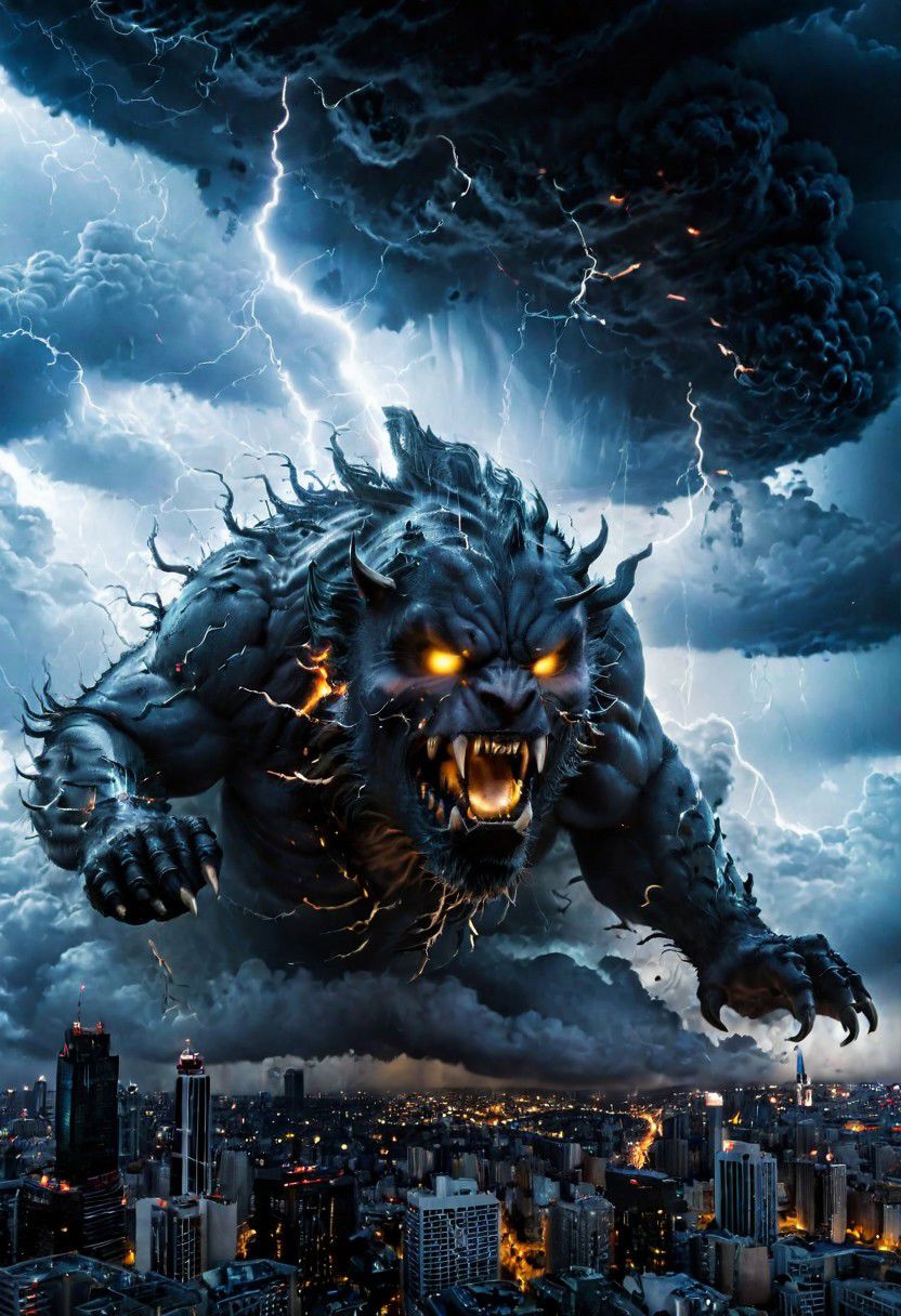 black clouds, rain, lightening, dark, night, ( beast appears from the rolling cloud), The beasts looks down as he towers above the city below,  nightmare