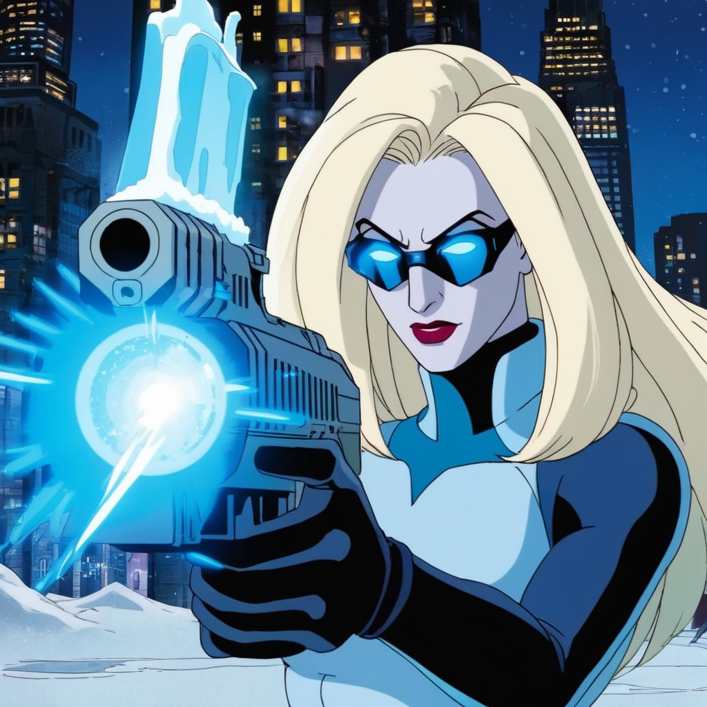 anime artwork of  <lora:Mr. Freeze:1.2>
Mr. Freeze a blonde woman holding an ice gun with ice muzzle flash in a snow area In Gotham City, anime style, key visual, vibrant, studio anime,  highly detailed