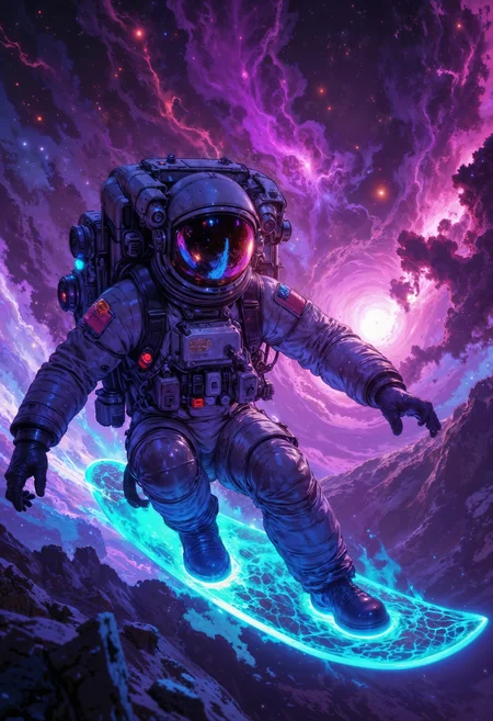an astronaut surfing through space on a glowing, futuristic surfboard. The astronaut's suit is detailed with visible seams and a prominent backpack, and the helmet reflects vibrant colors from the surrounding cosmic environment. The background is a vivid display of swirling nebulae in shades of purple, pink, and blue, creating a dynamic and otherworldly atmosphere. The surfboard emits a bright neon glow, with intricate patterns visible on its surface. The overall composition is dynamic, capturing a sense of motion and adventure in a surreal, sci-fi setting.