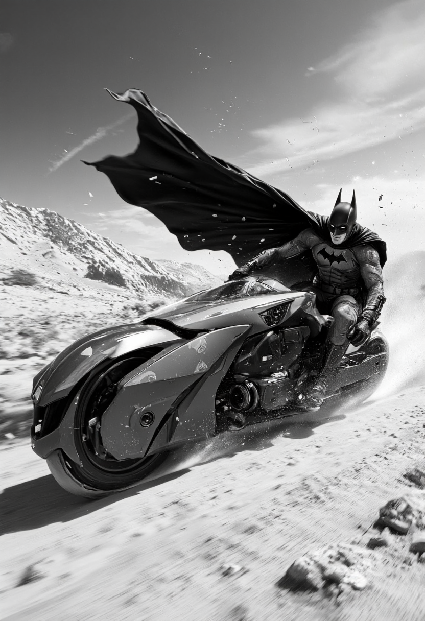 A dynamic black-and-white digital illustration of Batman speeding through a dusty, windswept landscape on a futuristic Batcycle, his cape billowing dramatically behind him as debris and sand swirl in his wake, with intense lighting highlighting the sharp details of his armored suit and the sleek, angular design of the bike, creating a high-energy, cinematic atmosphere, ultra-detailed, 4K resolution.,aidmaimageupgrader, aidmaMJ6.1 <lora:aidmaImageUprader-FLUX-v0.3:0.4> <lora:aidmaMJ6.1-FLUX-v0.5:0.7>