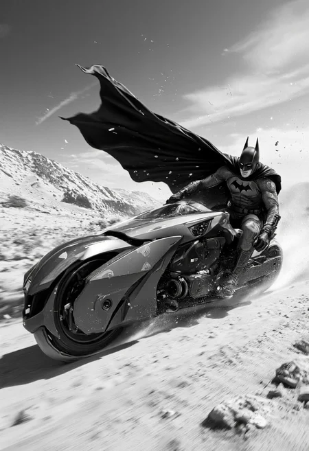 A dynamic black-and-white digital illustration of Batman speeding through a dusty, windswept landscape on a futuristic Batcycle, his cape billowing dramatically behind him as debris and sand swirl in his wake, with intense lighting highlighting the sharp details of his armored suit and the sleek, angular design of the bike, creating a high-energy, cinematic atmosphere, ultra-detailed, 4K resolution.,aidmaimageupgrader, aidmaMJ6.1 <lora:aidmaImageUprader-FLUX-v0.3:0.4> <lora:aidmaMJ6.1-FLUX-v0.5:0.7>