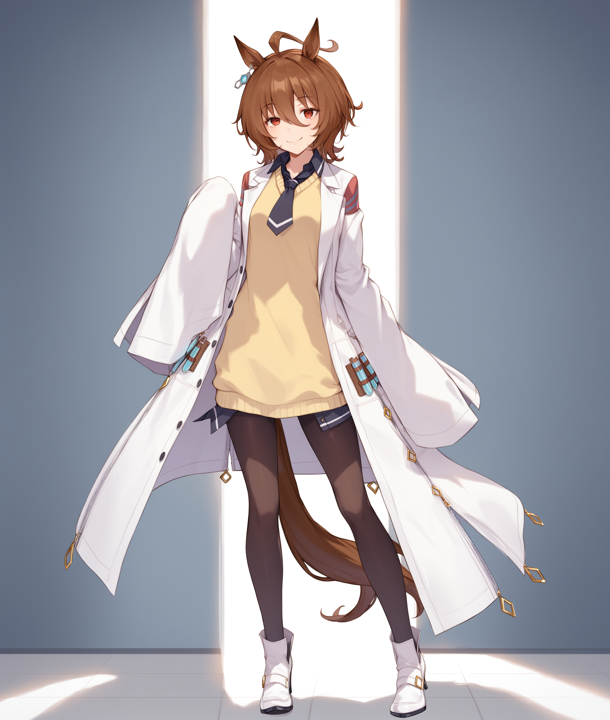 score_9, score_8_up, score_7_up BREAK
shobufuku, 1girl, solo, looking at viewer, smile, short hair, bangs, brown hair, long sleeves, animal ears, jewelry, standing, tail, full body, ahoge, pantyhose, earrings, necktie, high heels, sweater, coat, sleeves past wrists, black pantyhose, shadow, white footwear, horse ears, horse girl, black necktie, horse tail, sleeves past fingers, labcoat, white coat, yellow sweater, 
<lora:Agens_Tachyon-ponyXL:0.8>,