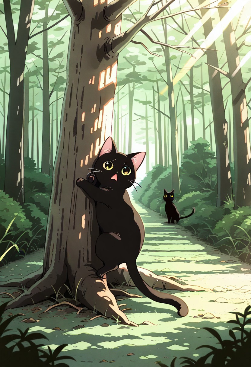 (masterpiece, best quality, high quality, highres), very awa, highres, absurdres,
chii-kun \(seedyoulater\), naguru \(cyoroama\), katahira masashi,
re4lity_sync_illu,
(black cat:1.2), (no humans:1.1), paws, fur, (cute:1.2), comfy, solo, 
scared, hugging tree, OO,
tree branches, day, sunlight, sunrays,
