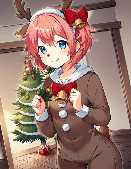 score_9, score_8_up, score_7_up, source_anime, <lora:ddlc-sayori-ingame-ponyxl-lora-nochekaiser:1>, sayori, blue eyes, hair between eyes, hair bow, hair ornament, pink hair, red bow, short hair,, <lora:reindeer-costume-ponyxl-lora-nochekaiser:1>, reindeer costume, animal costume, reindeer antlers, antlers, fake antlers, reindeer hood, christmas, red nose, deer ears, deer tail, christmas tree, bell, horns, reindeer,, blush, smile, tongue out, looking at viewer,, , dutch angle, cowboy shot
