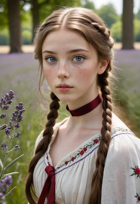 close-up of 1girl, young woman, (looking away:1.3), wearing a floral embroided shawl that complements her regency-era white muslin dress, with red ribbons in her side-braided hair, and a cute ribbon choker around her neck, walking gracefully through a lavender field, surrounded by tall grand oak trees, during a cool summers day. subtle makeup draws attention to her large expressive eyes and lips. (luc14nn4, freckles on her nose, long hair, brown hair, expressive blue eyes, soft pale skin.)