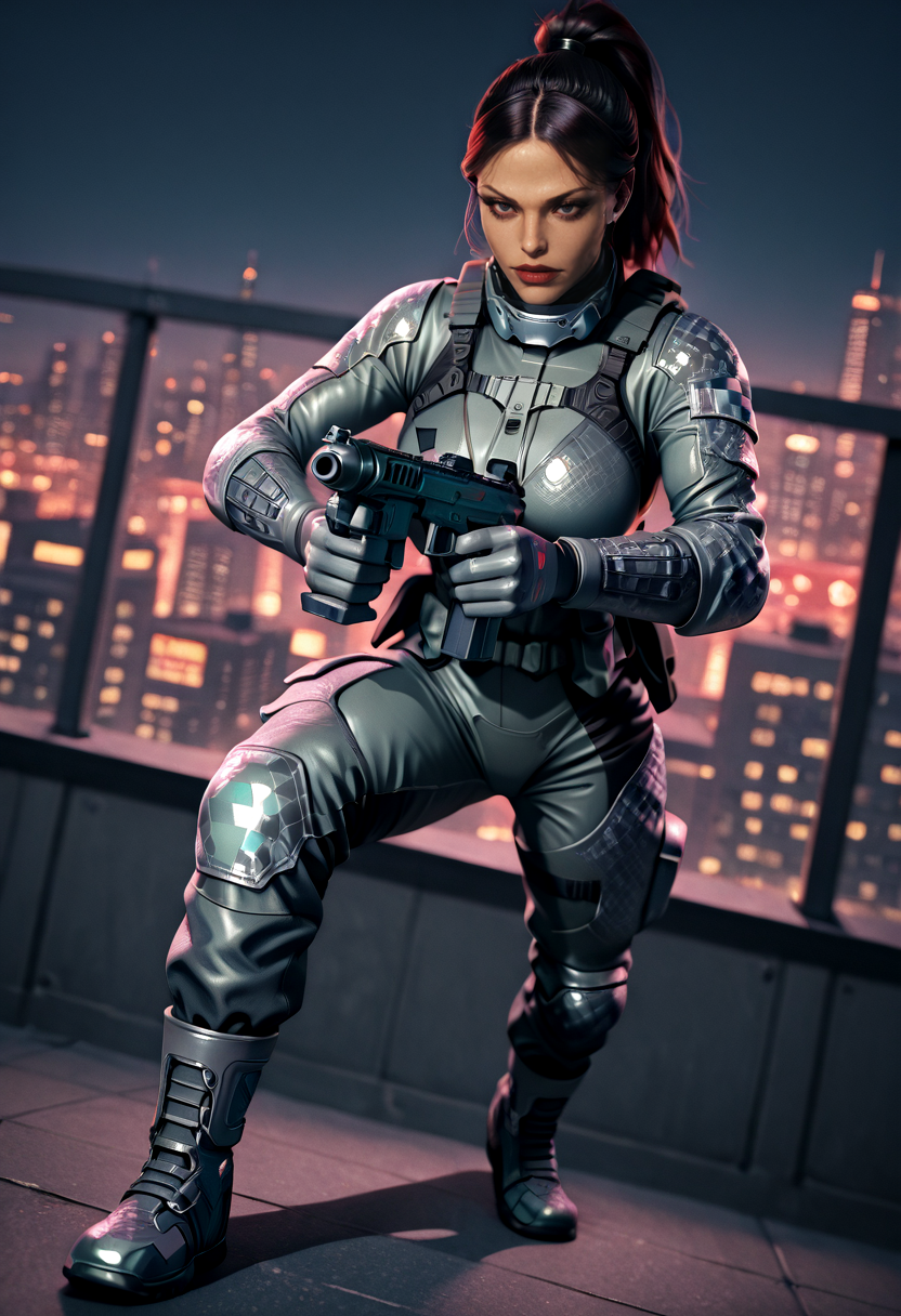 depth of field, focused subject, dynamic angle, masterpiece, best quality, detailed eyes, perfect eyes, realistic eyes,
30 yo woman, 1girl, (VERA:1.5), hair in ponytail, combat boots,  (silver combat suit:2.3), 
 extremally detailed and hyper-realistic cyberpunk illustration of close up of beautiful girl in a scifi city,  taking cover with her heavy gun in hands while evil androids search for her. (silver and black armored body suit:1.6). sci fi theme, best quality, soft light, sharp shadows, anime ink lines, full body shot, dynamic pose, blue and red color theme, science fiction vibes. (action shot:1.7), roof top, city skyline
<lora:reij-rt:0.55> <lora:Vera-000007:0.85>  <lora:comicbookpage style:0.75> <lora:g4n1m3XLP:0.6>  <lora:Sinozick_Style_XL_Pony:0.7>