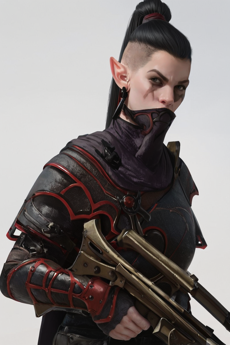 hires digital photo, photorealism, simple white background, upper body, profile, face focus, DEShade, looking to the side, pointy ears, black hair, scar, earrings, armor, mask, dual wielding, holding two crossbows , holding one crossbow over shoulder, <lora:Dark_Elf_Shade_Warhammer_Fantasy_PonyXL:0.8>, intricate details, high resolution,, PonyXL_Scores