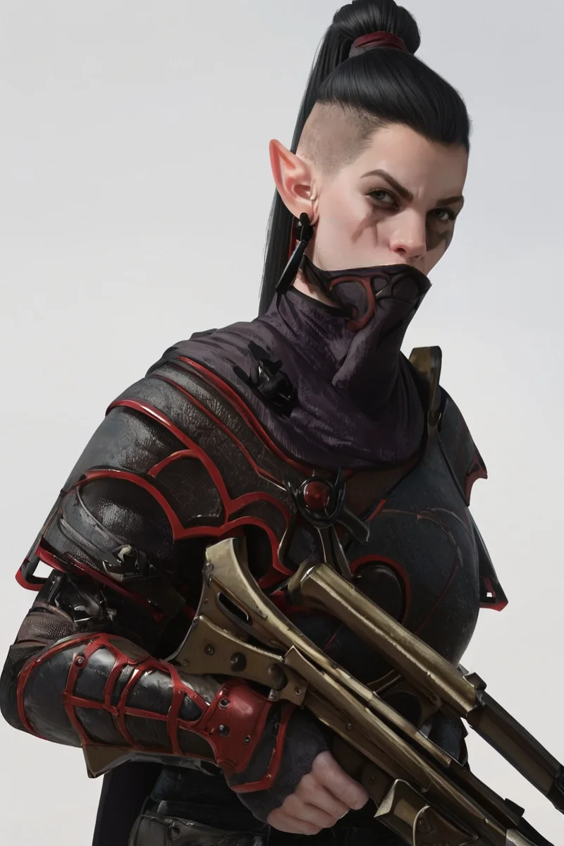 hires digital photo, photorealism, simple white background, upper body, profile, face focus, DEShade, looking to the side, pointy ears, black hair, scar, earrings, armor, mask, dual wielding, holding two crossbows , holding one crossbow over shoulder, <lora:Dark_Elf_Shade_Warhammer_Fantasy_PonyXL:0.8>, intricate details, high resolution,, PonyXL_Scores