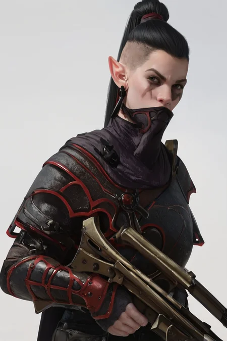 hires digital photo, photorealism, simple white background, upper body, profile, face focus, DEShade, looking to the side, pointy ears, black hair, scar, earrings, armor, mask, dual wielding, holding two crossbows , holding one crossbow over shoulder, <lora:Dark_Elf_Shade_Warhammer_Fantasy_PonyXL:0.8>, intricate details, high resolution,, PonyXL_Scores