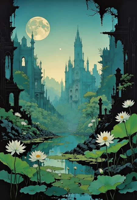 Lotus flowers on a pond in the moonlight , tall apocalyptic ruins in the distance, ethereal mysterious
