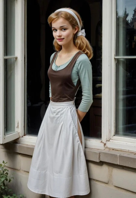 Ultra Realistic, full body shot, Cinderella, everyday-dress, white apron, leaning on the edge of the window, view from outside