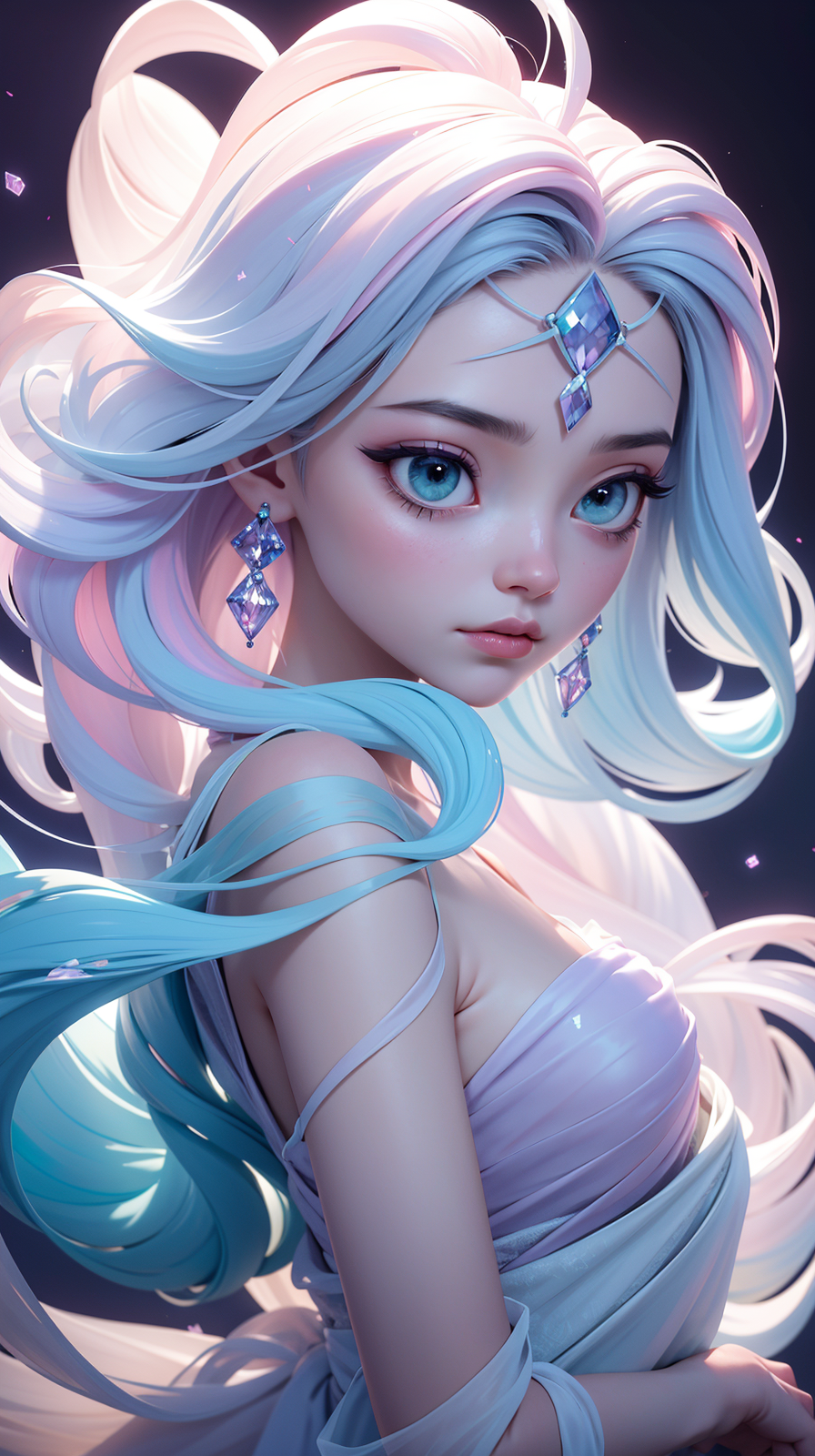 Abstract style hauntingly ethereal portrait of a mysterious figure draped in translucent fabric, crystals adorning their hair, amidst a dreamlike swirl of pastel hues and soft light, evoking a sense of calm serenity and elusive beauty, high detail, award winning masterpiece with incredible details . Non-representational, colors and shapes, expression of feelings, imaginative, highly detailed