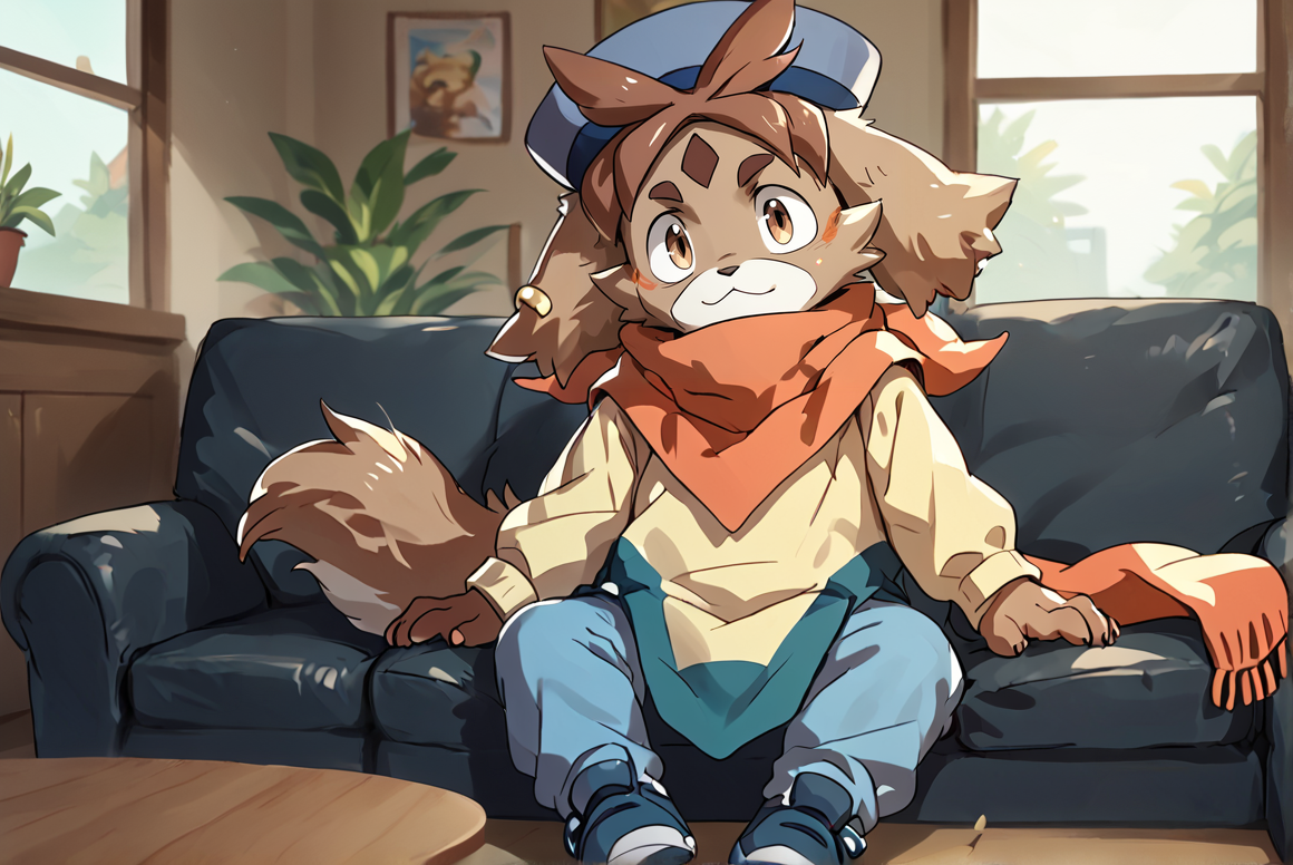 score_9, score_8_up,score_7_up, 
 <lora:Freddie_Gundam_Build_Divers_ReRISE_for_PonyXL:0.8>  1boy, furry male, fr3ddi3, solo, animal ears, brown eyes, earrings, scarf, tail, hat, shoes, 
sitting on couch, living room, window,
