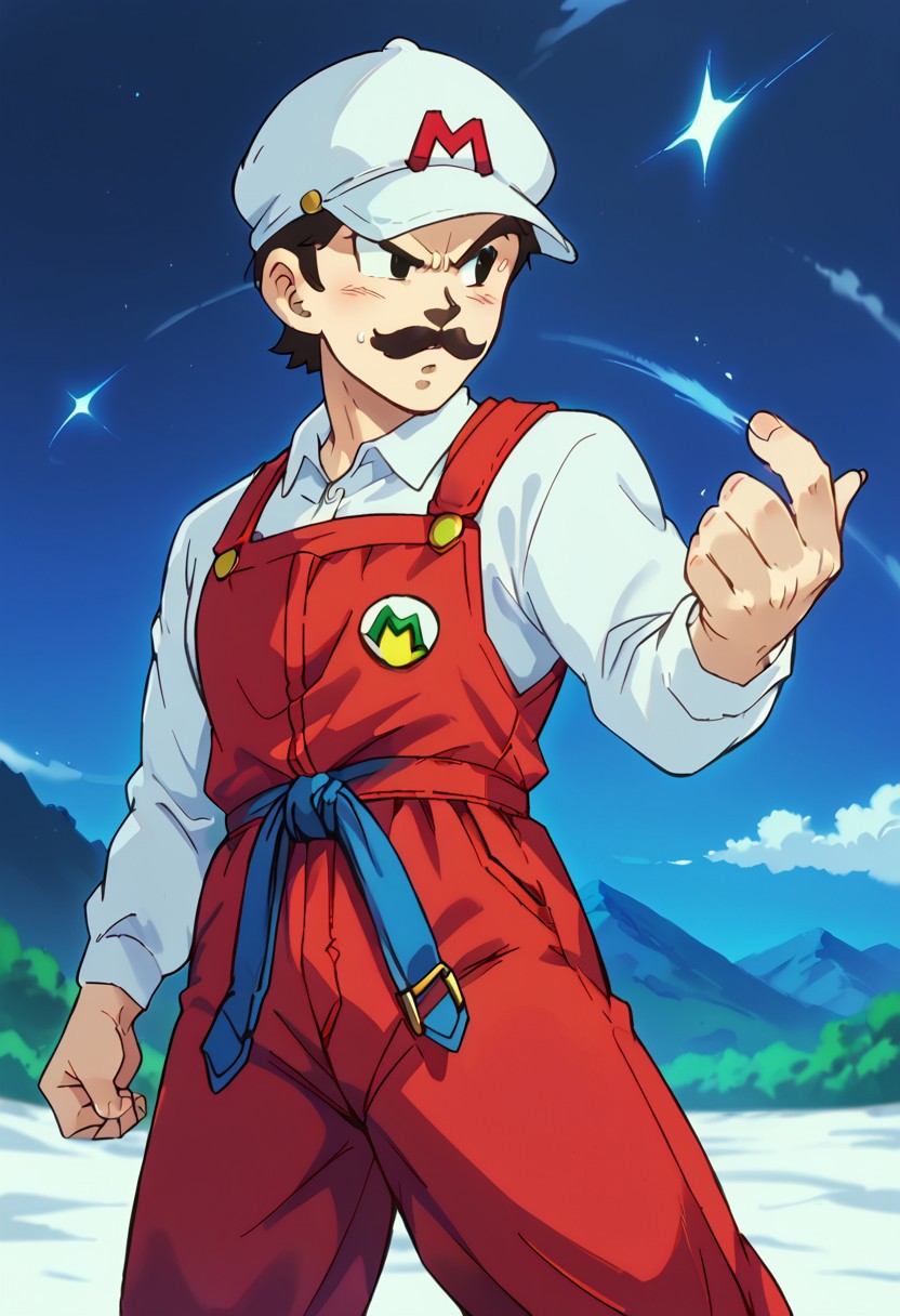 score_9,score_8_up,score_7_up,score_6_up, ,source_anime,2d, cowboy shot,shuto uke fighting stance,
BREAK
1boy,
Mario, white m cap,((red overalls)), moustache,white shirt,
BREAK,
Mountainscape, Mountain, night, starly night, clouds,