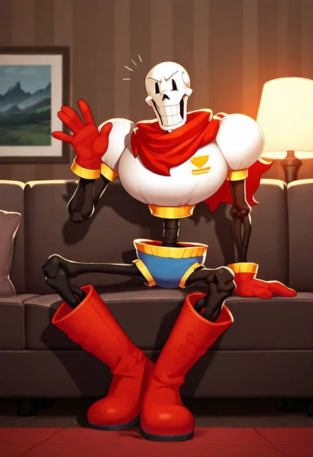 (((beautiful, high quality))), score_9, score_8_up, score_7_up, score_9, score_8_up, score_8, masterpiece, best quality, unrealistically high details, extremely high quality, ultra high detail, good anatomy, best shading, best lighting, ((1boy, solo)) relaxed pose,
Papyrus, skeleton, red scarf, white chest armour, blue shorts, red boots, red glove's,
Sitting on a couch, living room, waving at the camera,