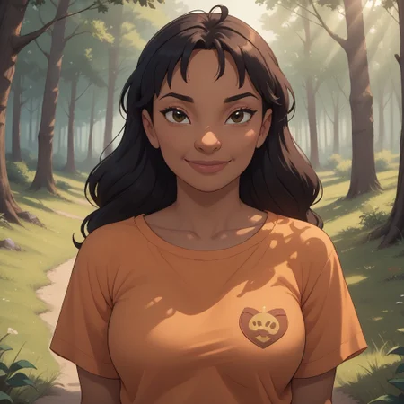 score_9, score_8, BREAK, solo, Nani_Pelekai_(Lilo_and_Stitch), adult female, mature female, dark skin, dark skin female, black hair, long hair, bangs, brown eyes, breasts, orange midriff, navel, short sleeves, single heart print, demin shorts, green shoes, self portrait, smile, looking at viewer, outdoors, sunlight, shadows, evening lighting, natural lighting, forest, trees, grass, orange sky, sunset