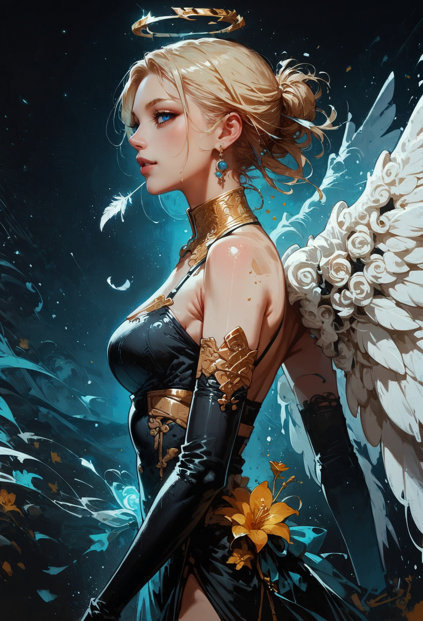 score_9, score_8_up, score_7_up,  1girl, angel, blonde hair, short hair, side view, standing, posing, black dress, opal, looking at viewer, white angel wings, feather wings, bright particles, darkness, gloom, black lace gloves, golden cherry blossom tones, Japanese aesthetic, lilies, explosive bright particles in the form of sparks of light, gold collar, black theme, black background  <lora:pony/twilight_style:0.8> <lora:pony/expressiveh:0.8> expressiveh <lora:pony/neon_cyberpunk_splash_art:0.8> <lora:sdxl/sinfully_stylish_sdxl>