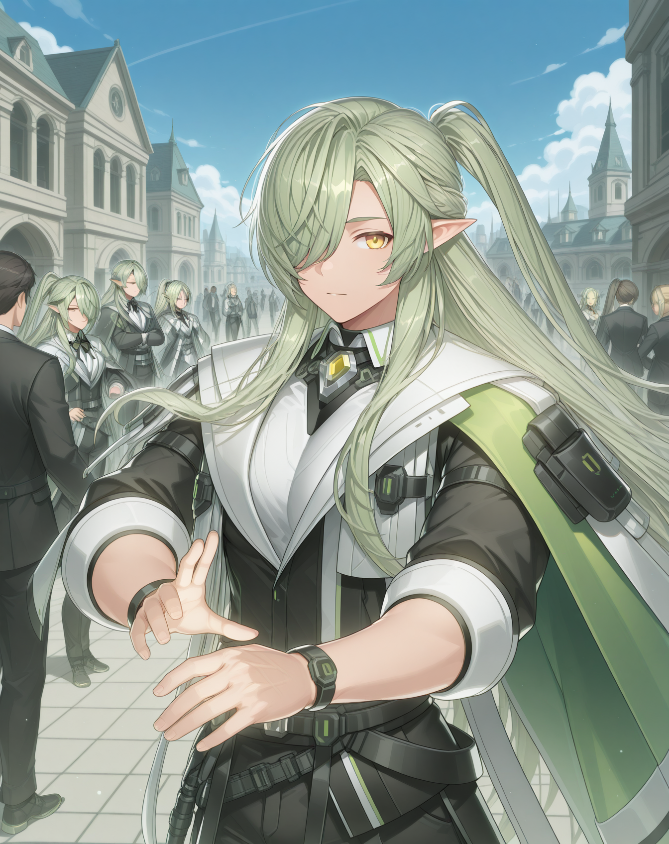 masterpiece,best quality,amazing quality, newest, very aesthetic, absurdres,
1boy, solo, yaoi, male focus, looking at viewer, cowboy shot, standing,
 <lora:Zero_T_FSI_ilxl:1>  zerotfsi, hair over one eye, green hair, pointy ears,yellow eyes, ponytail, half updo, elf, hair between eyes,sidelocks, one eye covered,
formal, tuxedo, neck ribbon, white shirt, collared shirt, black pants, shoes, black footwear, suit jacket, black jacket,
outdoors, day, blue sky, building, people,