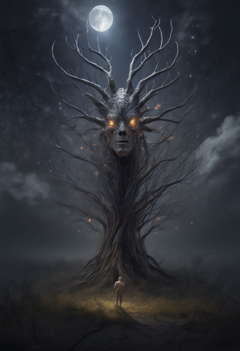 masterpiece,best quality,amazing quality,very aesthetic,absurdres,newest, huge filesize, absurd res, 
pascaH, no face, monster, grey skin, wrinkly body, horns, full body, side view, claws, forest, nighttime, stars, moon, trees, clouds, grass, fireflies, beautiful, glowing, scenery, dream view morph,
