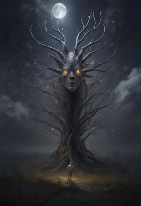 masterpiece,best quality,amazing quality,very aesthetic,absurdres,newest, huge filesize, absurd res,
pascaH, no face, monster, grey skin, wrinkly body, horns, full body, side view, claws, forest, nighttime, stars, moon, trees, clouds, grass, fireflies, beautiful, glowing, scenery, dream view morph,