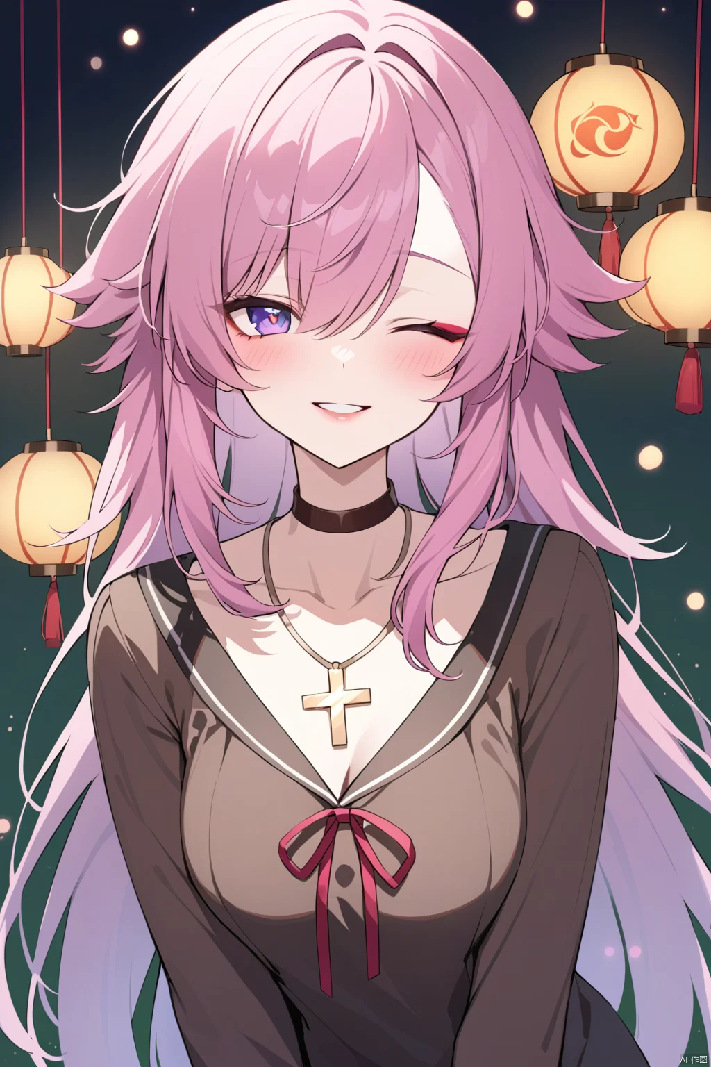 1girl, genshin,touhou project,Honkai StarRail, ([[sho (sho lwlw),as109]],nanase nao,hisona (suaritesumi),qtonagi,katahira masashi,((chen bin))), brown choker, voice actor connection, blouse, cross necklace, portrait (object), makeup, upper body, looking at viewer, red lips, lantern, kaguya hou (cosplay), one eye covered, lipstick, blush, red eyeshadow, red background, light particles, pendant, parody, cape, green background, eyeshadow, half-closed eye, smile, cosplay, heart-shaped pupils, bags under eyes, brown shirt, shirt, heart, cross, black cape, teeth, aoki lantern (cosplay), parted lips, pink hair, brown hair, hair over one eye, long hair, jewelry, purple eyes, symbol-shaped pupils, necklace, purple lipout (cosplay), red eyes, purple ribbon, glint, solo, neck ribbon, ribbon, black background, choker,

masterpiece, newest, absurdres, safe