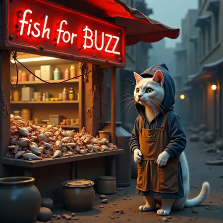 a realistic picture, , ((cute skinny white cat wearing hoodie with apron standing in front of his fish stall in fish market, butcher's hat , win right hand he got fish, begging face, on top of his street stall ,The neon signs glow warmly reads "fish for Buzz ", creating a nostalgic atmosphere (dynamic lighting:1,0), background, ruined market after war, in midlle eastern country ,(intricate details,naturalism,hyperdetailed,hyperrealistic:1.55)
mvpstrCE style
((((Display the text help me with buzz!" on a movie poster)))). no human
