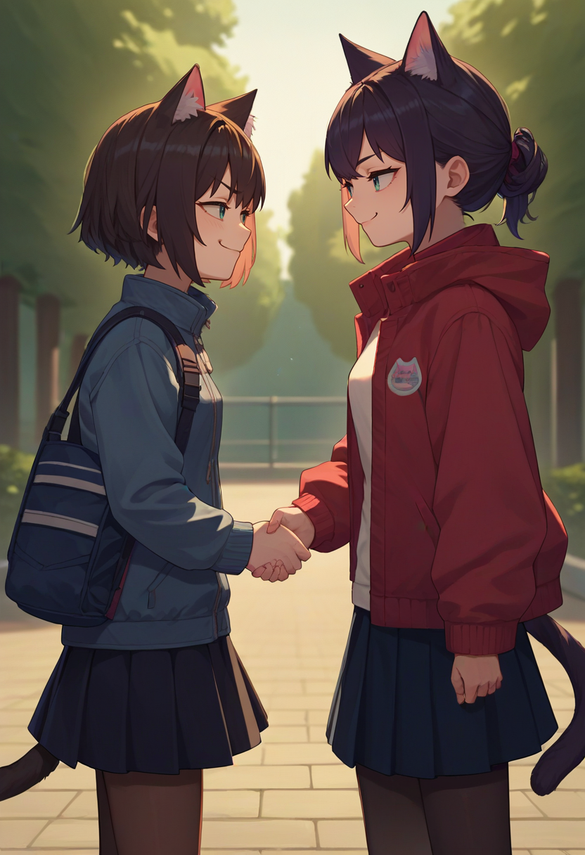 score_9, score_8_up, score_7_up, source_anime, rating_safe, 2girls, cat girl, smug, looking at another, handshake, jacket, long sleeves, skirt, pantyhose, cat tail, outdoors <lora:concept_handshake_ponyXL-000012:1>