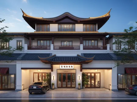 Architectural style Architectural style, <lora:JJsChineseStyleHouse_XL:1>, ((Chinese Style House)),(masterpiece) , ((best quality)), dramatic lighting, high quality outdoors, sky, day, cloud, tree, blue sky, building, scenery, road, real world location, sunlight, enough detail, high resolution,super realistic, Photorealistic, highly detailed, balcony, plants, door, car, truck, parking slot, paving, . Clean lines, architectural drawing, highly detailed , . Clean lines, geometric shapes, minimalist, modern, architectural drawing, highly detailed