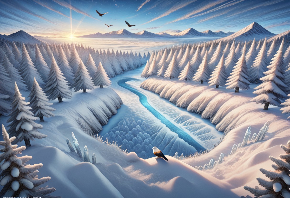 no humans, from above, wolves, animal christmas, christmas sweater, flying eagle, wings spread, flying bird, forest, frozen forest, icicles, snow, mountainous horizon, frozen river, scenery, landscape, wide shot, Landscape woodcut prints, (yamer:0.9), (Alphonse Mucha Style page:0.3), (mika pikazo:1.2, (kincora:0.6), ais-lineart, dated, detailed, very aesthetic, sensitive,, absurdres, masterpiece, best quality, amazing quality, beautiful, no background, intricate details,