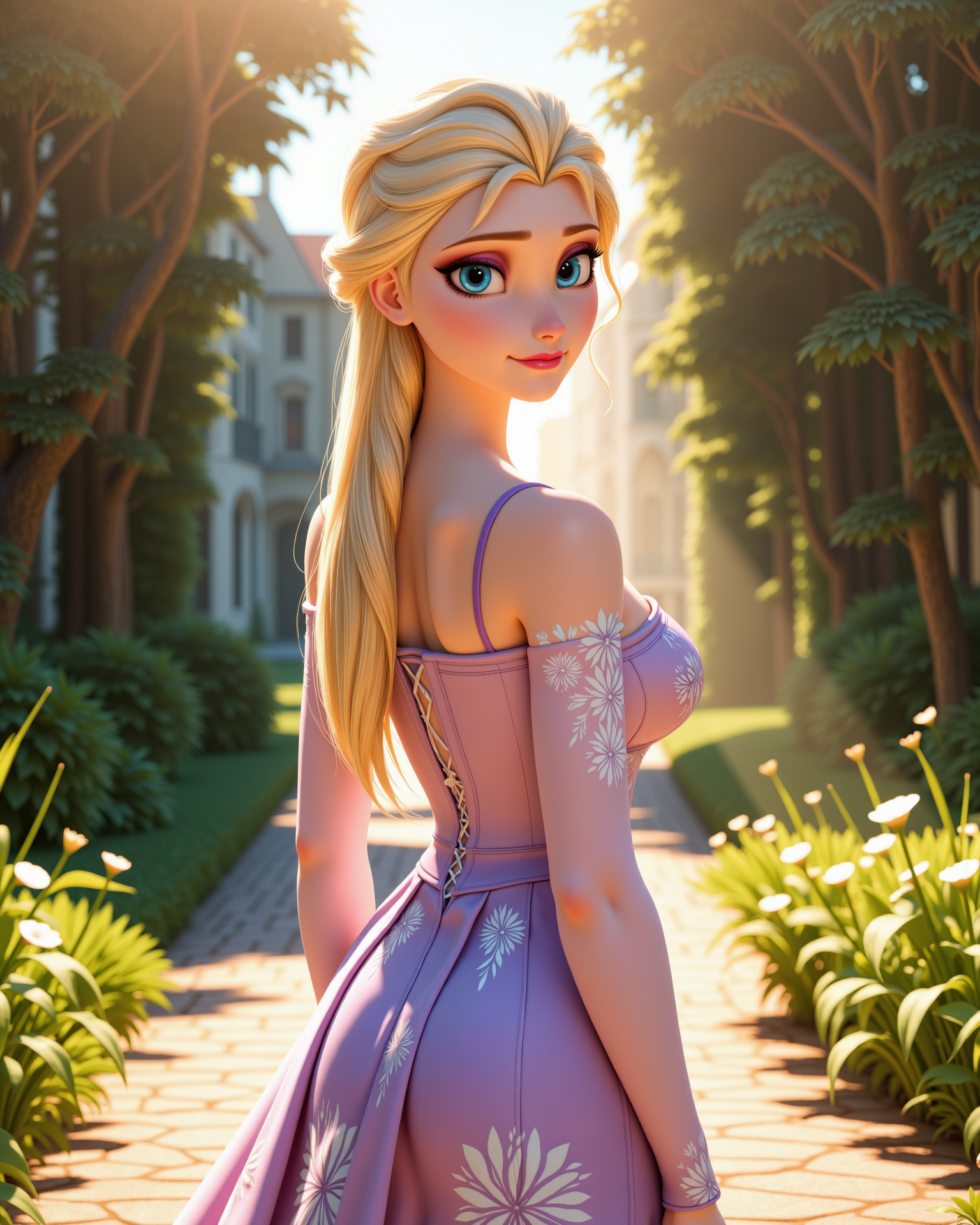 -looking at viewer, outdoors daylight, a 20 year old adult mature woman.
3d CGI Style,  back view photo of.
<lora:Frozen_-_Elsa_v2_000030:1> f-elsa, blue eyes, blonde hairFloral-printed off-shoulder dress with a fitted bodice, flared skirt, and thin straps
Upper Body view passport style