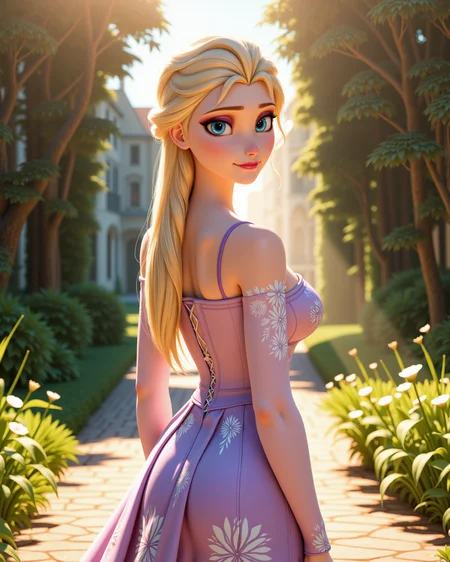 -looking at viewer, outdoors daylight, a 20 year old adult mature woman.
3d CGI Style,  back view photo of.
<lora:Frozen_-_Elsa_v2_000030:1> f-elsa, blue eyes, blonde hairFloral-printed off-shoulder dress with a fitted bodice, flared skirt, and thin straps
Upper Body view passport style