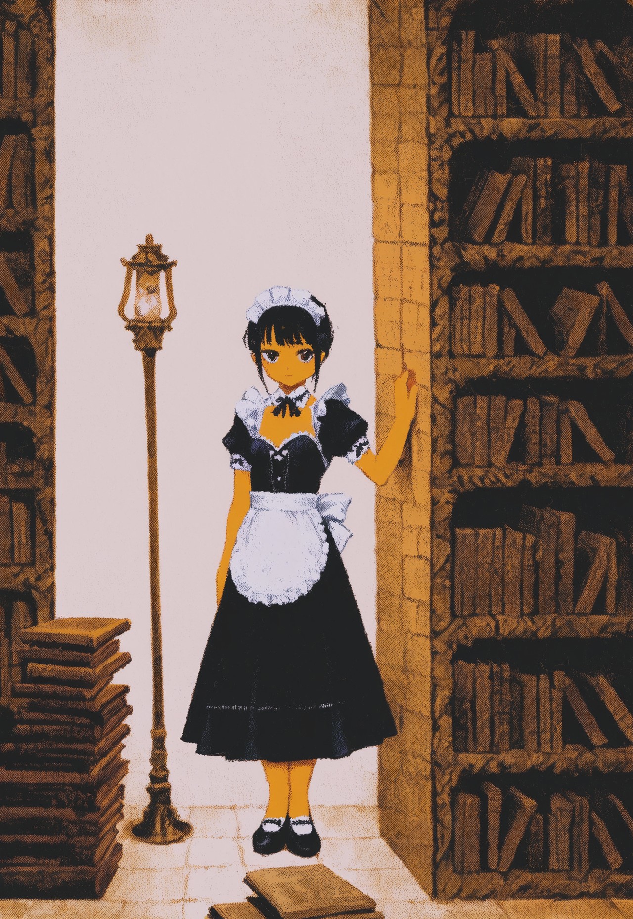 score_9, score_8_up, score_7_up, score_6_up, score_5_up, vermis style, gothic, maid, dusting old books, bookshelf, grand library, wall lamps, framed, dynamic color, dynamic background