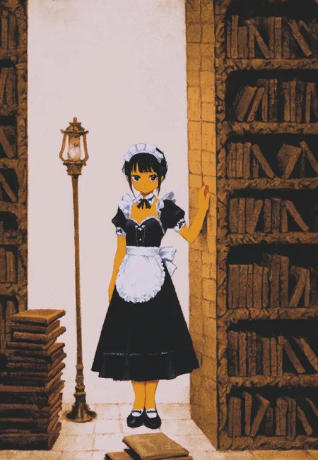score_9, score_8_up, score_7_up, score_6_up, score_5_up, vermis style, gothic, maid, dusting old books, bookshelf, grand library, wall lamps, framed, dynamic color, dynamic background