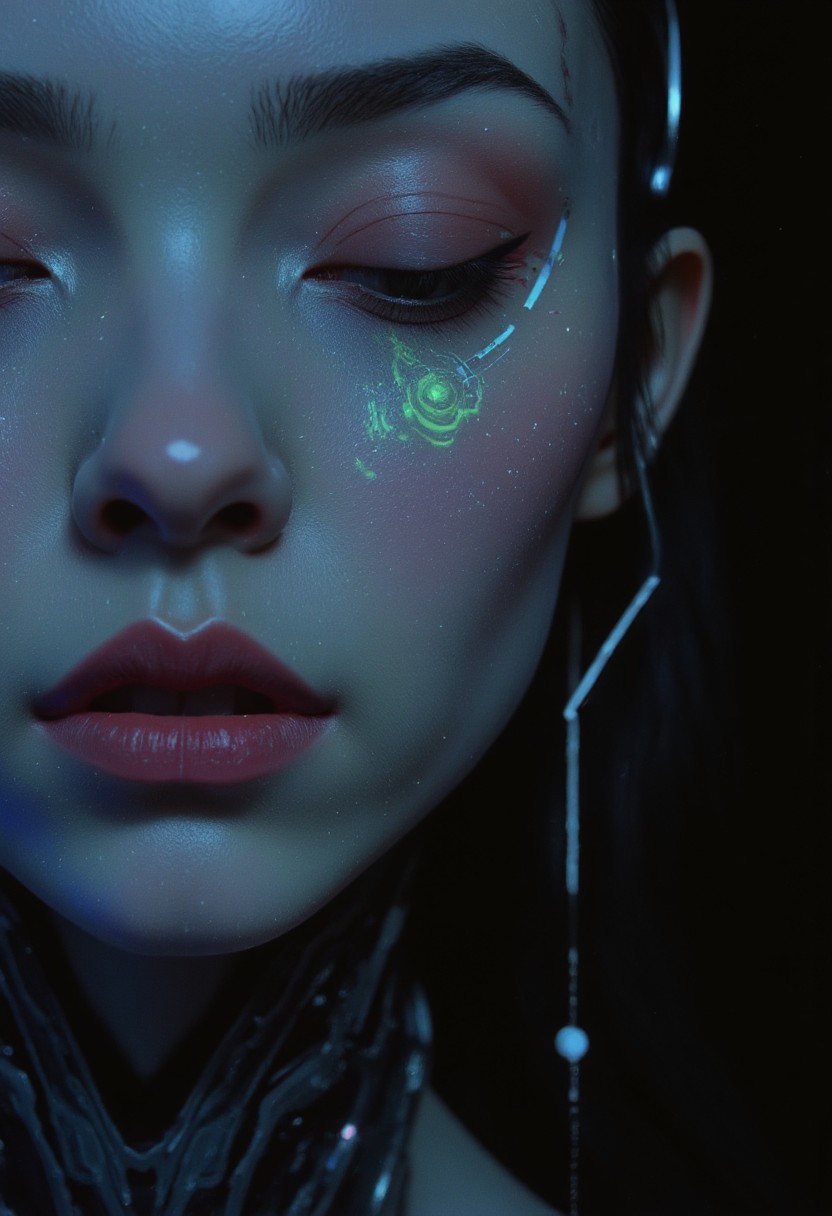 An unearthly and hyper-detailed closeup of a cybernetic being’s face in the style of ck-ncr,  Her features are a flawless fusion of synthetic flesh and intricate machinery, glowing faintly in a gradient of blue and gray. Her expression is serene, almost divine, with eyes half-closed as if in meditation. The details of her face reveal microfilaments of light coursing beneath translucent synthetic skin, seamlessly integrated with polished metallic components.
Delicate cables extend from the edges of her face, disappearing into the dark, misty background. Faint reflections of cascading streams of shimmering code play across her features, as if she is the nexus of a vast digital consciousness. A soft, radiant glow emanates from the center of her forehead, symbolizing transcendence and enlightenment.
The atmosphere around her is veiled in shadow, dense with static haze and punctuated by the faint outlines of decaying technology, evoking a sense of humanity’s forgotten past. The lighting is cinematic, with soft, volumetric beams highlighting her ethereal presence, creating an intense and unsettling mood of otherworldly beauty and profound transformation., transmitting streams of data that cascade like waterfalls of shimmering code. Above, her face is serene, almost otherworldly, with eyes closed as if in quiet meditation,body flows into a large, curved, rainbow-hued arc that stretches across the image, blending into the background., radiating a sense of liberation.