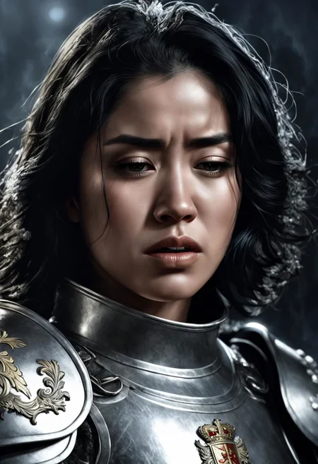 Illustration of a black-haired woman, upper body, she is wearing silvery armour with a heraldic coat of arms, she is crying, her head is tilted downwards, behind her battlefield, gloom, pain, horror, battlefield, war, war, soldiers fighting, (night:1.4), dark atmosphere, symmetrical eyes, fine details best quality, hyperdetailed face, (photorealistic:1. 4), (highest quality), (best shadow), high contrast