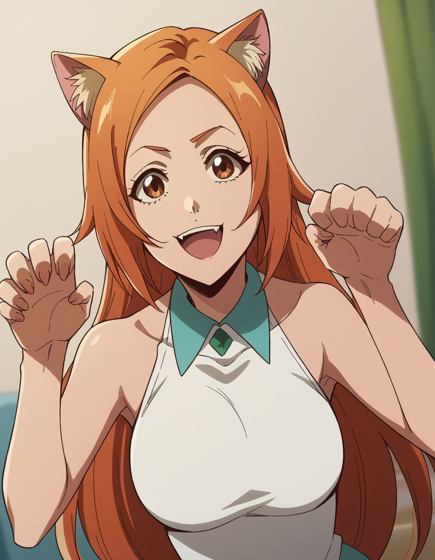 score_9, score_8_up, score_7_up, source_anime, inoueorihime, <lora:inoue-orihime-tybw-ponyxl-lora-nochekaiser:1>, inoue orihime, long hair, orange hair, brown eyes,, <lora:paw-pose-ponyxl-lora-nochekaiser:1>, paw pose, cat ears, cat tail, animal ears, tail, cat girl, open mouth, fang, whiskers,, indoors, smile,, cowboy shot, dutch angle, looking at viewer,