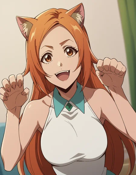 score_9, score_8_up, score_7_up, source_anime, inoueorihime, <lora:inoue-orihime-tybw-ponyxl-lora-nochekaiser:1>, inoue orihime, long hair, orange hair, brown eyes,, <lora:paw-pose-ponyxl-lora-nochekaiser:1>, paw pose, cat ears, cat tail, animal ears, tail, cat girl, open mouth, fang, whiskers,, indoors, smile,, cowboy shot, dutch angle, looking at viewer,